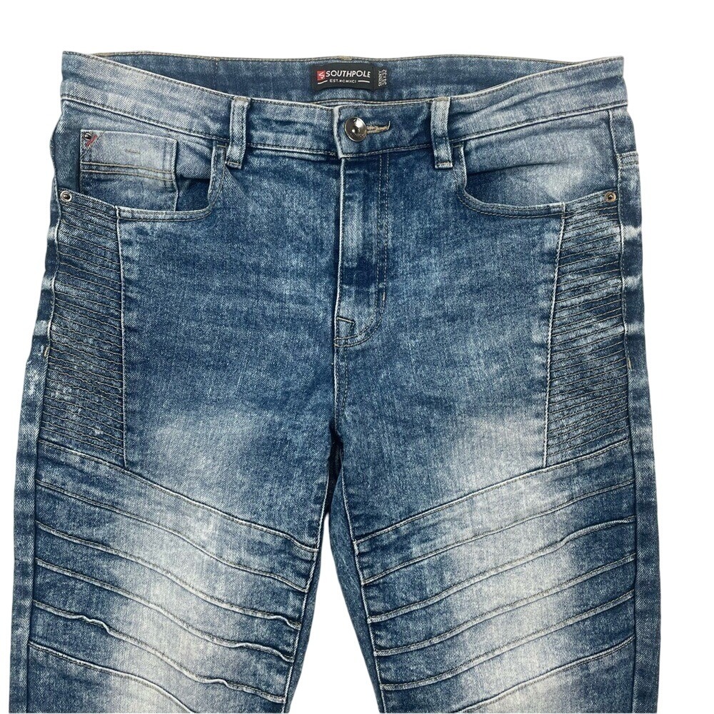 Southpole Mens Skinny Fit‎ Moto Jeans Blue Acid Wash Ribbed Panels Size 34x32
